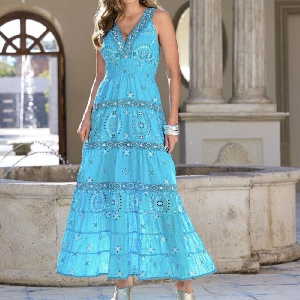Boston Proper Metallic Lace-Inset Eyelet Embroidered Maxi Dress Blue Size Large